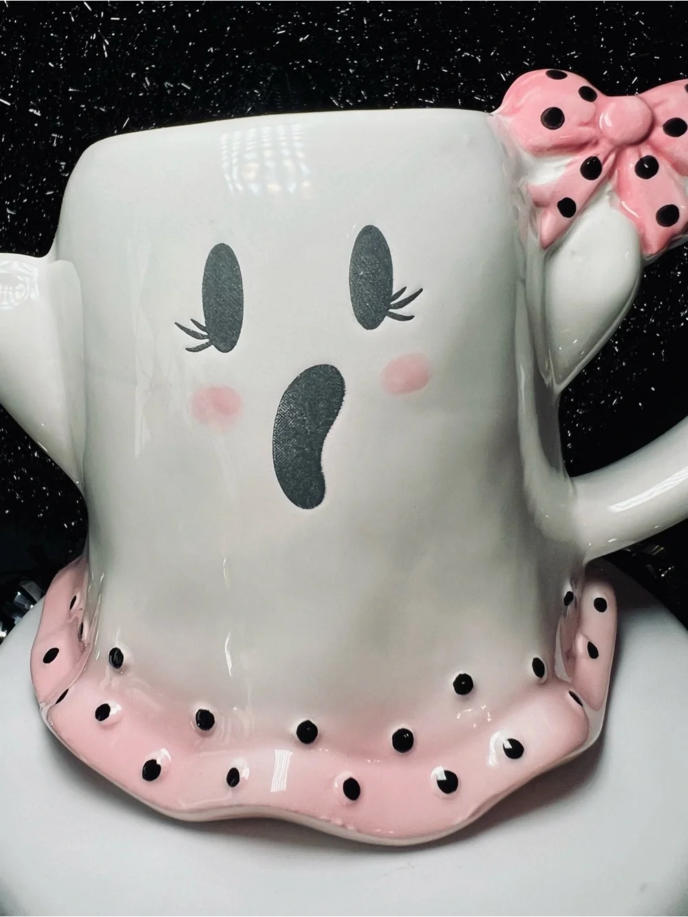 Halloween Pink & Black Polka Dot Ghost Ceramic Mug Hair Bow Cute Skirt Girl